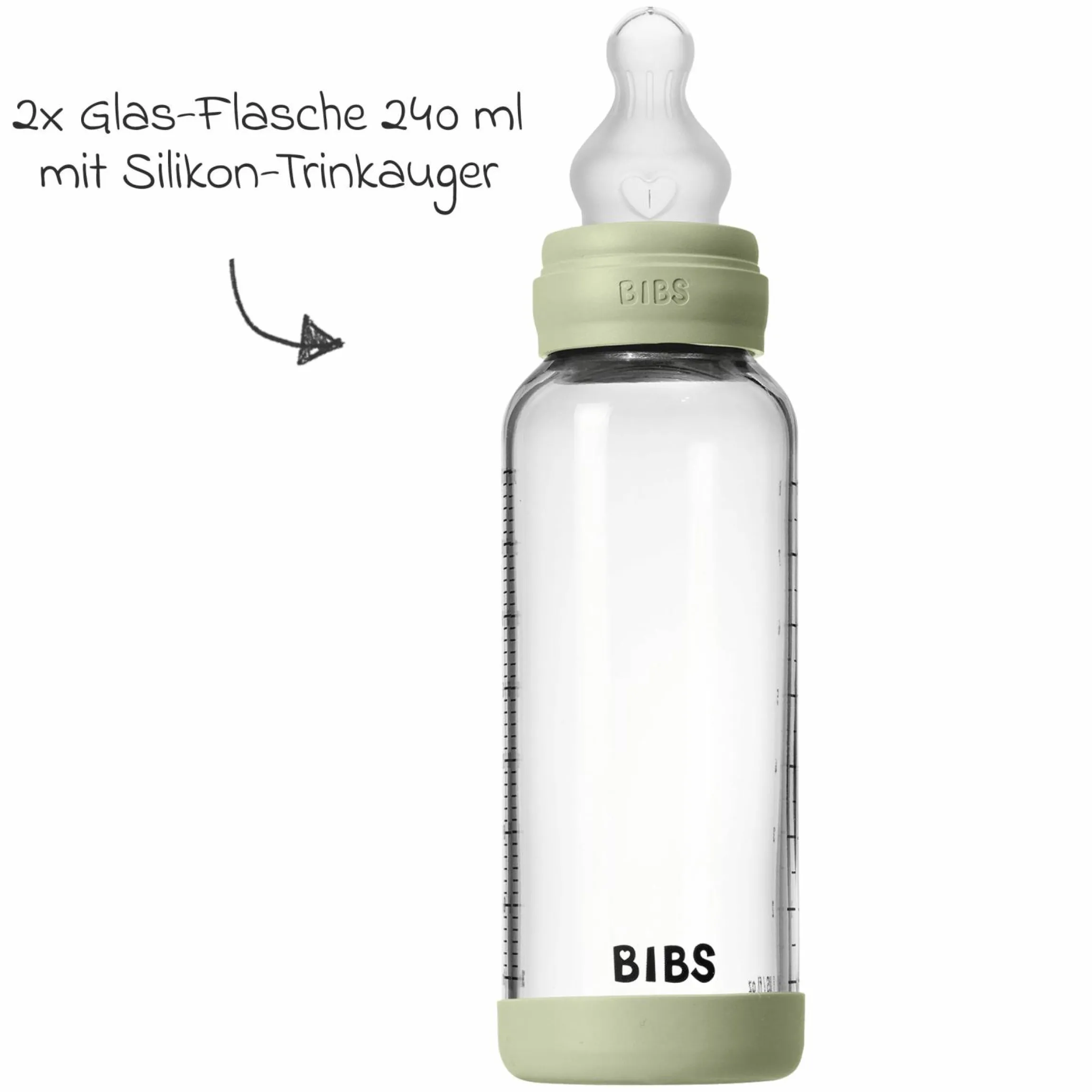 Glas-Flasche 2er Pack Baby Bottle Round 240 ml + Silikon-Trinksauger - Sage