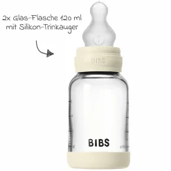 Glas-Flasche 2er Pack Baby Bottle Round 120 ml + Silikon-Trinksauger - Ivory