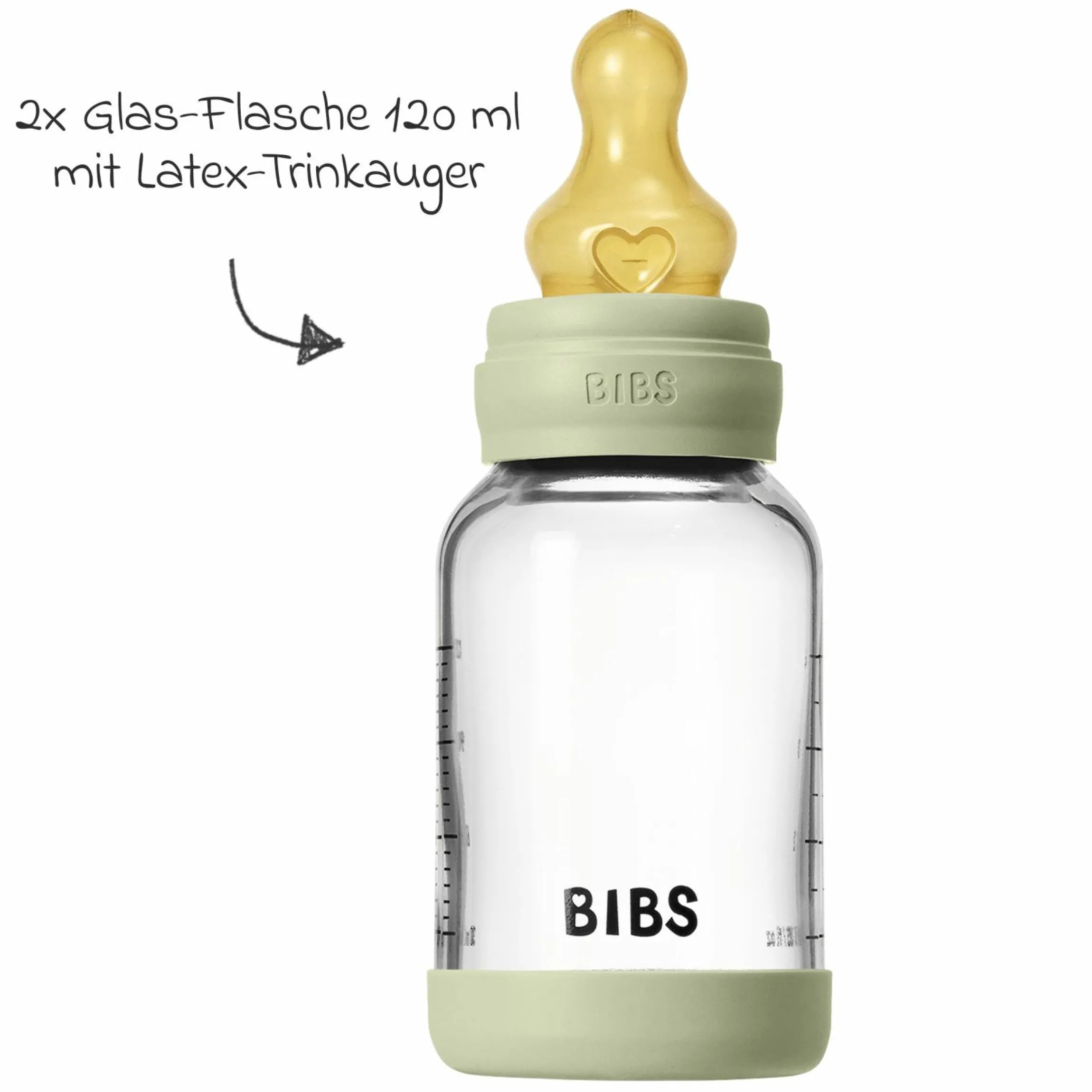 Glas-Flasche 2er Pack Baby Bottle Round 120 ml + Latex-Trinksauger - Sage