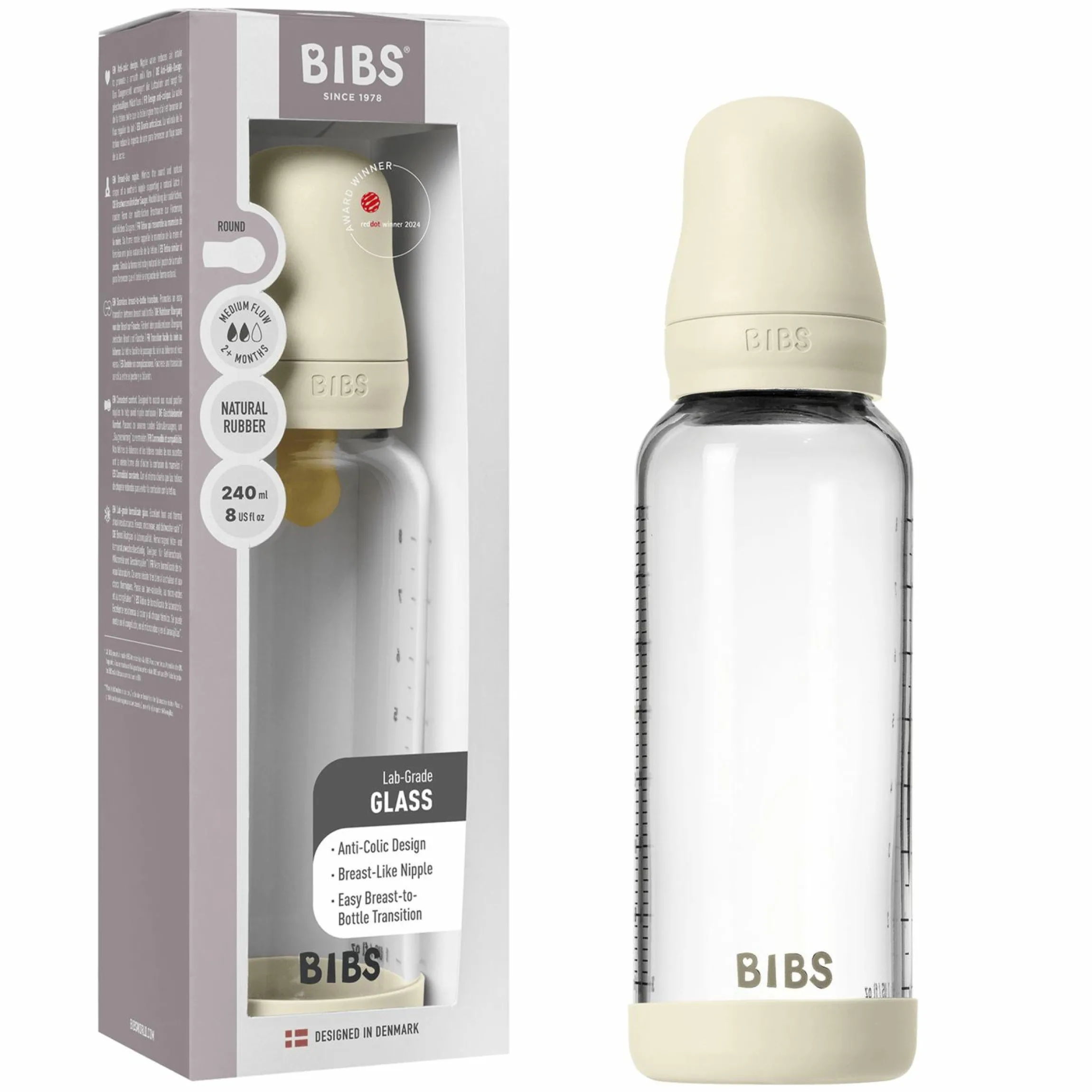 Glas-Flasche 2er Pack Baby Bottle Round 240 ml + Latex-Trinksauger - Ivory