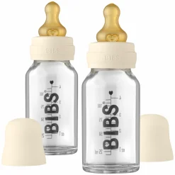 Glas-Flasche 2er Pack Baby Bottle Complete 110 ml + Latex-Trinksauger - Ivory