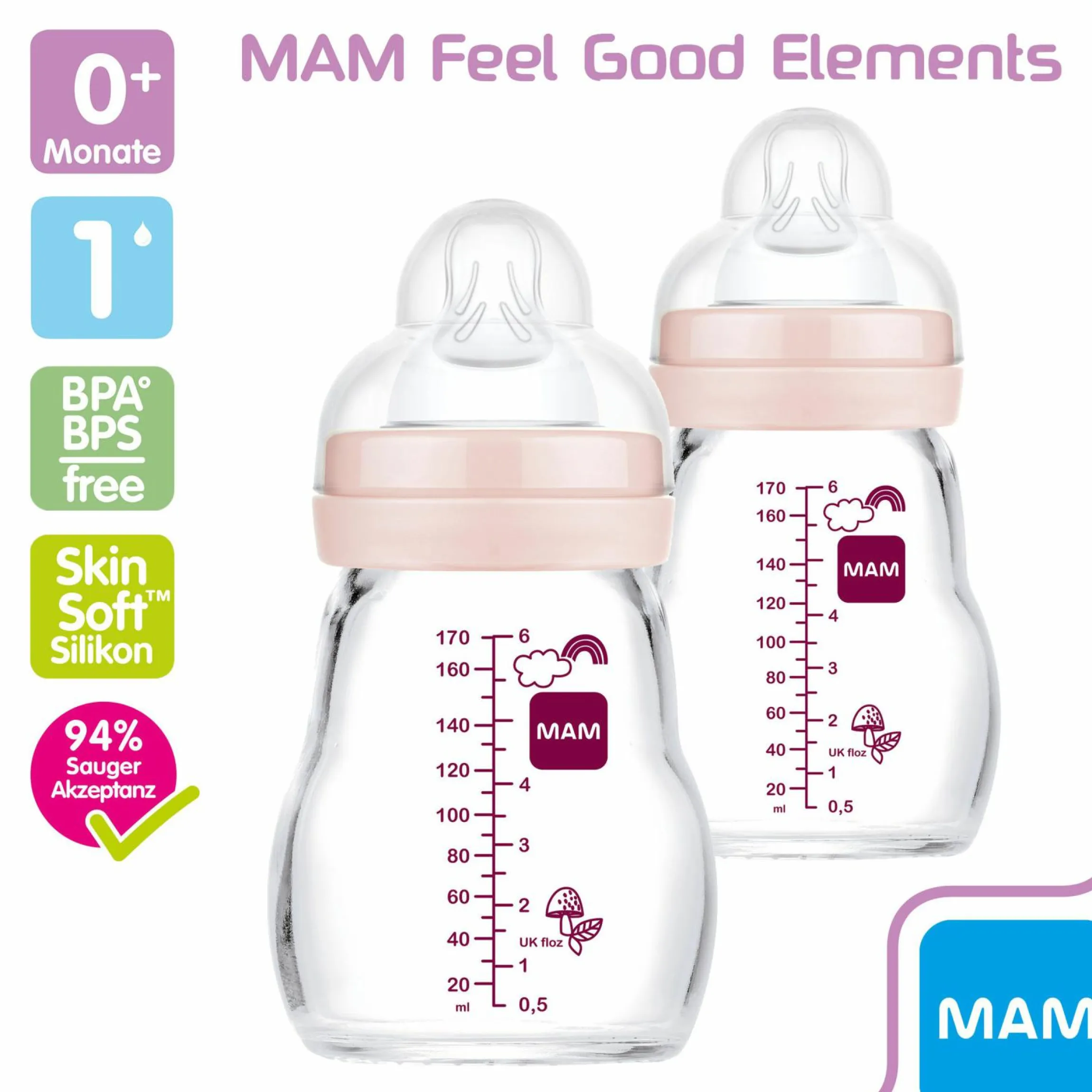 Glas-Flasche 2er Pack Feel Good 170 ml - Silikon Gr. 1 - Vogel & Eichhörnchen