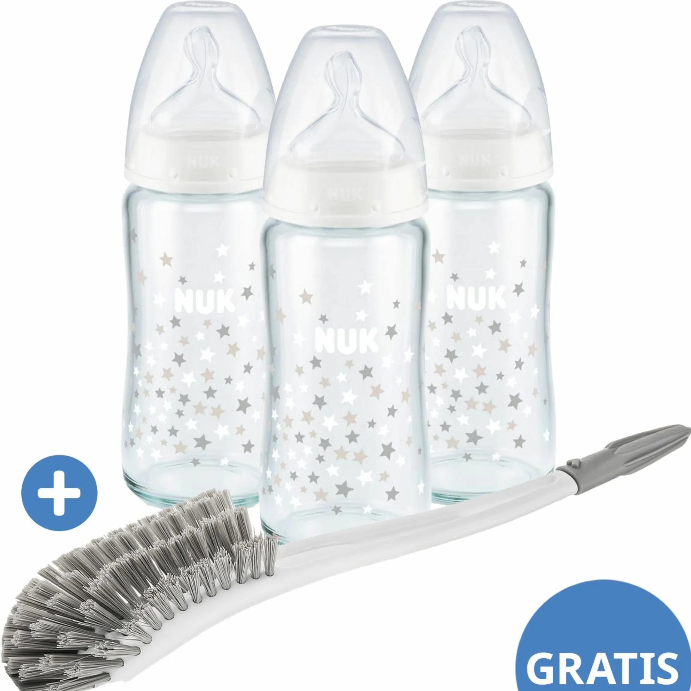 Glas-Flasche 3er Pack First Choice Plus 240 ml + Silikon-Sauger Gr. 1 M - Temperature Control + GRATIS Flaschenbürste - Sterne