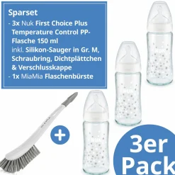Glas-Flasche 3er Pack First Choice Plus 240 ml + Silikon-Sauger Gr. 1 M - Temperature Control + GRATIS Flaschenbürste - Sterne