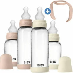 Glas-Flasche 4er Pack mit Griff Baby Bottle Round 120 ml & 240 ml + Silikon-Trinksauger + Baby Bottle Handle - Ivory / Blush