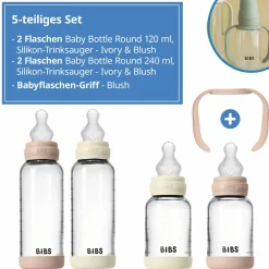 Glas-Flasche 4er Pack mit Griff Baby Bottle Round 120 ml & 240 ml + Silikon-Trinksauger + Baby Bottle Handle - Ivory / Blush