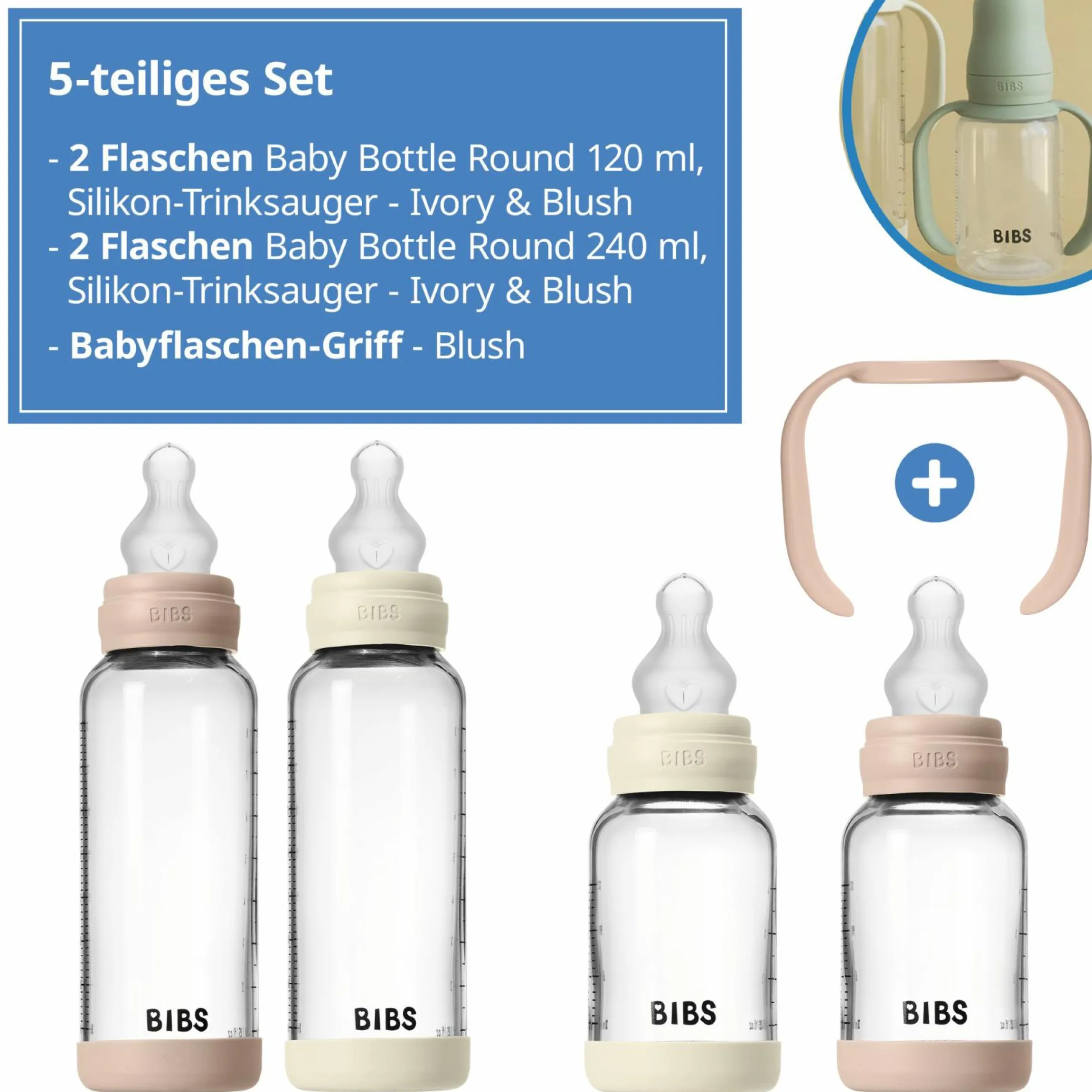 Glas-Flasche 4er Pack mit Griff Baby Bottle Round 120 ml & 240 ml + Silikon-Trinksauger + Baby Bottle Handle - Ivory / Blush