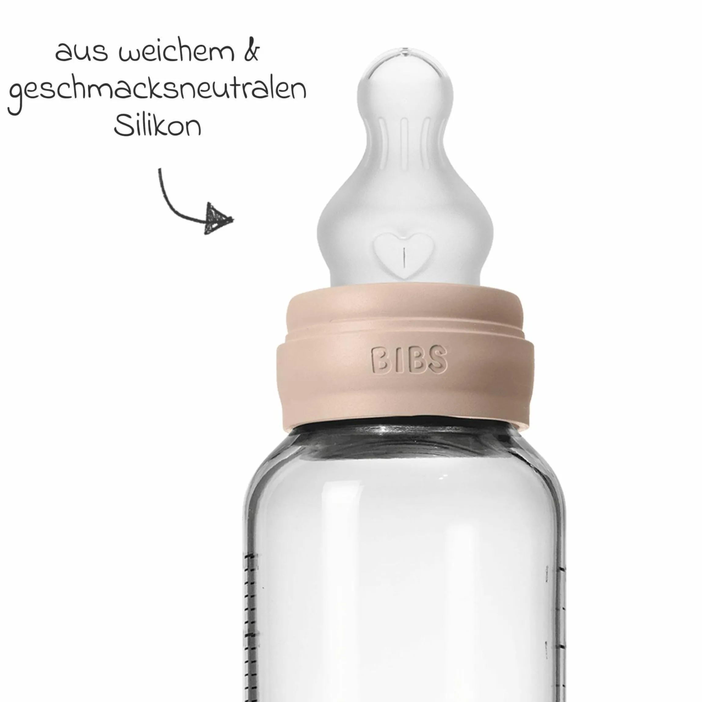 Glas-Flasche 4er Pack mit Griff Baby Bottle Round 120 ml & 240 ml + Silikon-Trinksauger + Baby Bottle Handle - Ivory / Blush