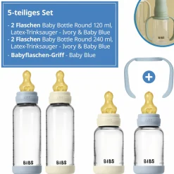 Glas-Flasche 4er Pack mit Griff Baby Bottle Round 120 ml & 240 ml + Latex-Trinksauger + Baby Bottle Handle - Ivory / Baby Blue