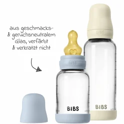 Glas-Flasche 4er Pack mit Griff Baby Bottle Round 120 ml & 240 ml + Latex-Trinksauger + Baby Bottle Handle - Ivory / Baby Blue