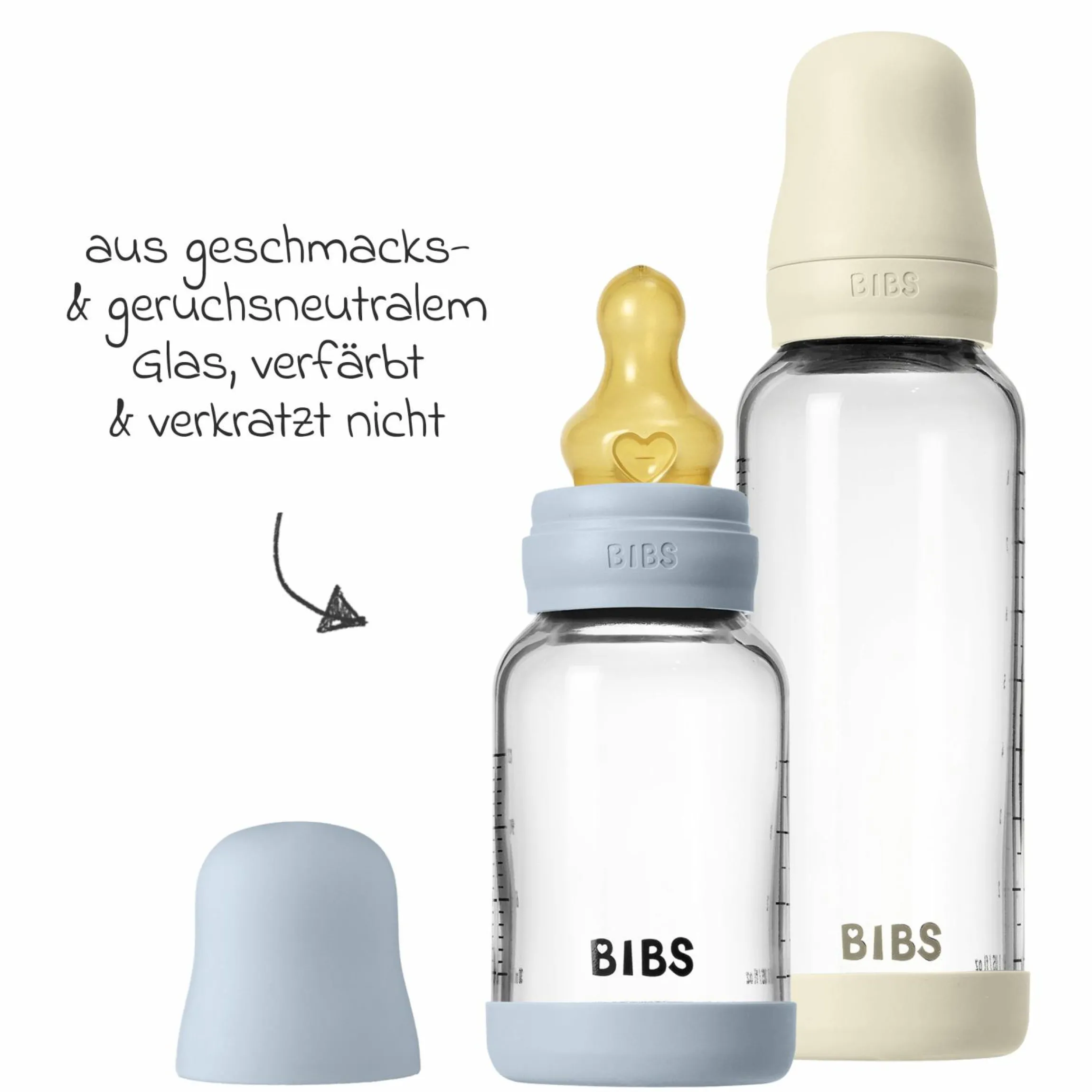 Glas-Flasche 4er Pack mit Griff Baby Bottle Round 120 ml & 240 ml + Latex-Trinksauger + Baby Bottle Handle - Ivory / Baby Blue