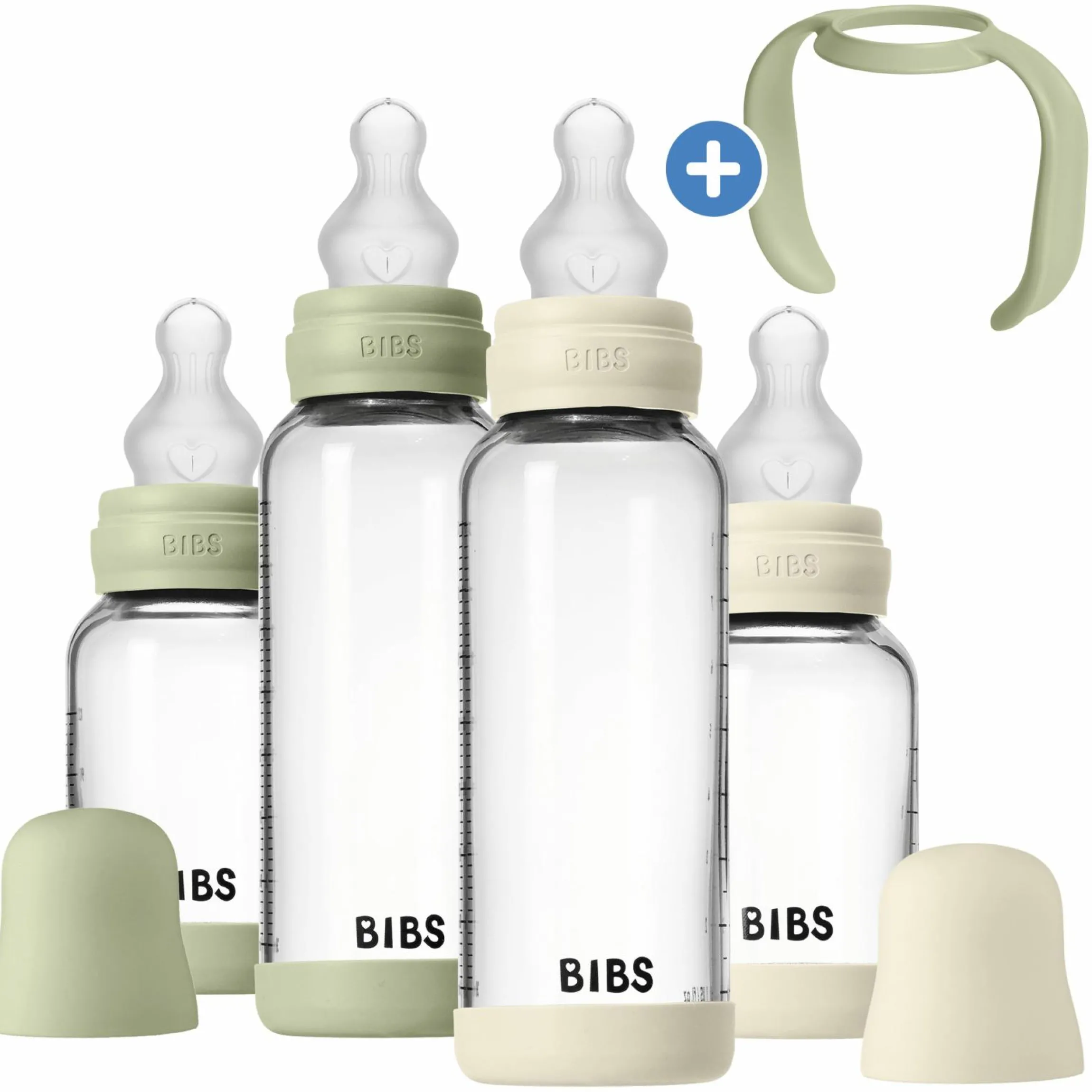 Glas-Flasche 4er Pack mit Griff Baby Bottle Round 120 ml & 240 ml + Silikon-Trinksauger + Baby Bottle Handle - Ivory / Sage