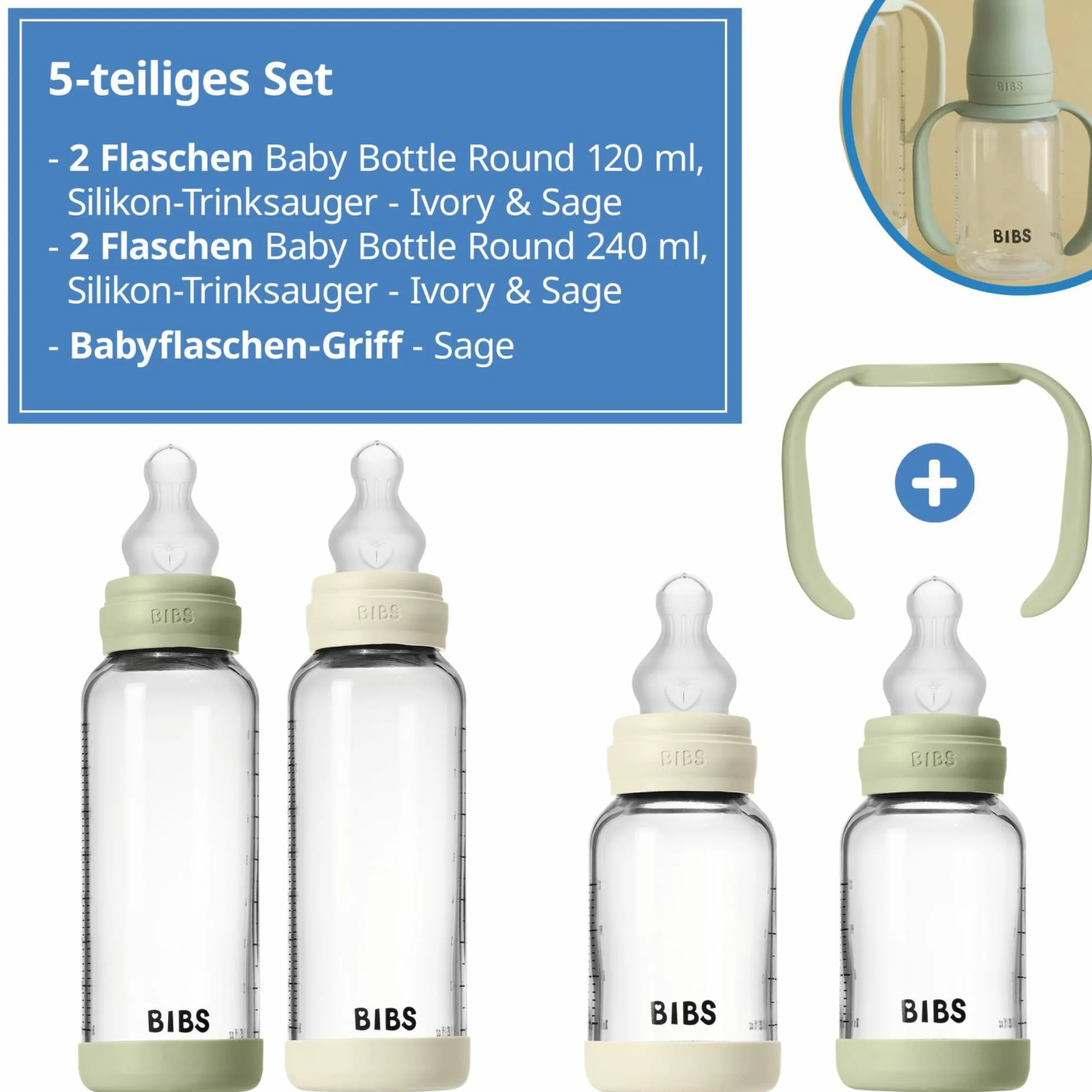 Glas-Flasche 4er Pack mit Griff Baby Bottle Round 120 ml & 240 ml + Silikon-Trinksauger + Baby Bottle Handle - Ivory / Sage
