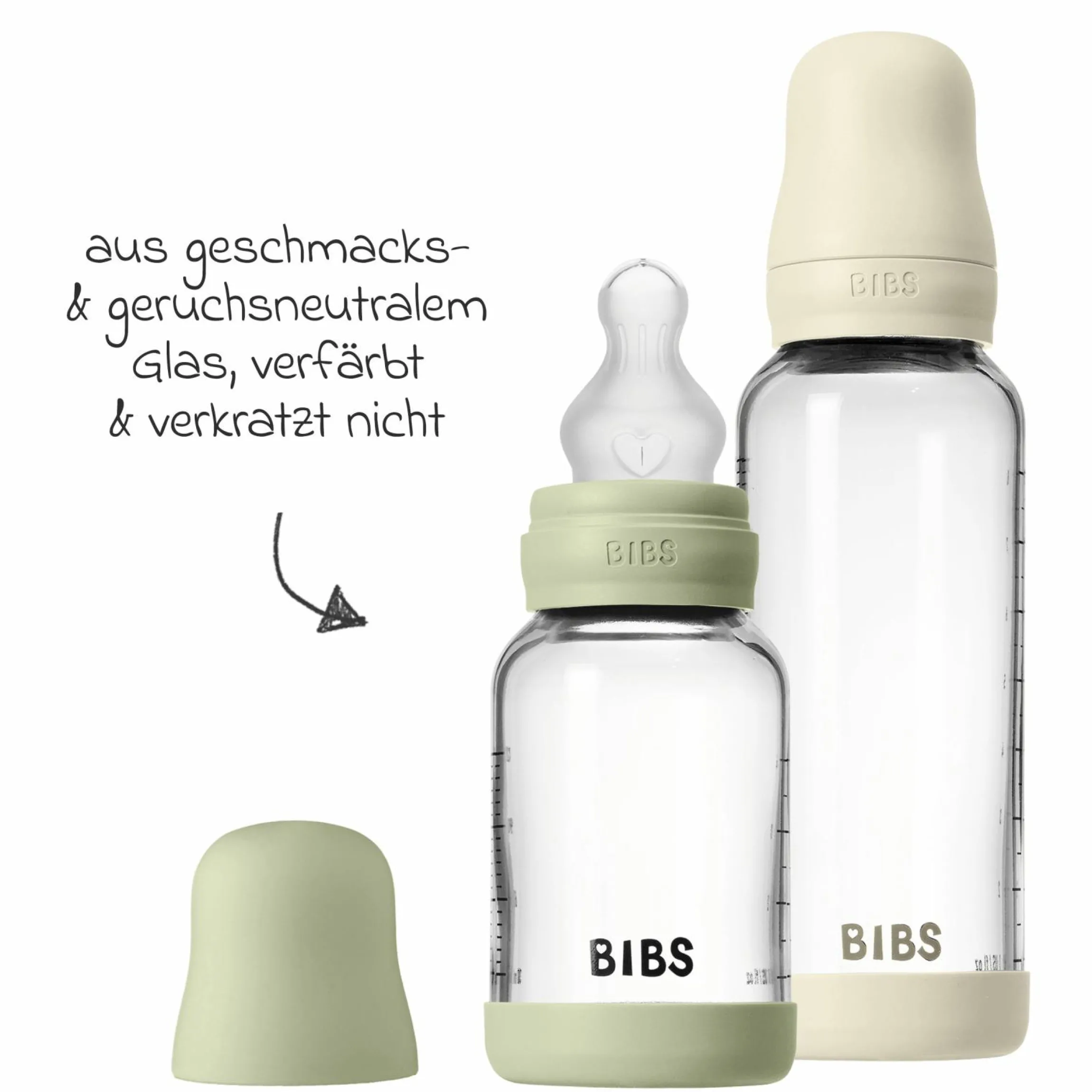Glas-Flasche 4er Pack mit Griff Baby Bottle Round 120 ml & 240 ml + Silikon-Trinksauger + Baby Bottle Handle - Ivory / Sage