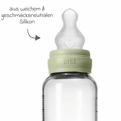 Glas-Flasche 4er Pack mit Griff Baby Bottle Round 120 ml & 240 ml + Silikon-Trinksauger + Baby Bottle Handle - Ivory / Sage
