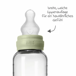 Glas-Flasche 4er Pack mit Griff Baby Bottle Round 120 ml & 240 ml + Silikon-Trinksauger + Baby Bottle Handle - Ivory / Sage