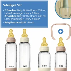 Glas-Flasche 4er Pack mit Griff Baby Bottle Round 120 ml & 240 ml + Latex-Trinksauger + Baby Bottle Handle - Ivory / Blush