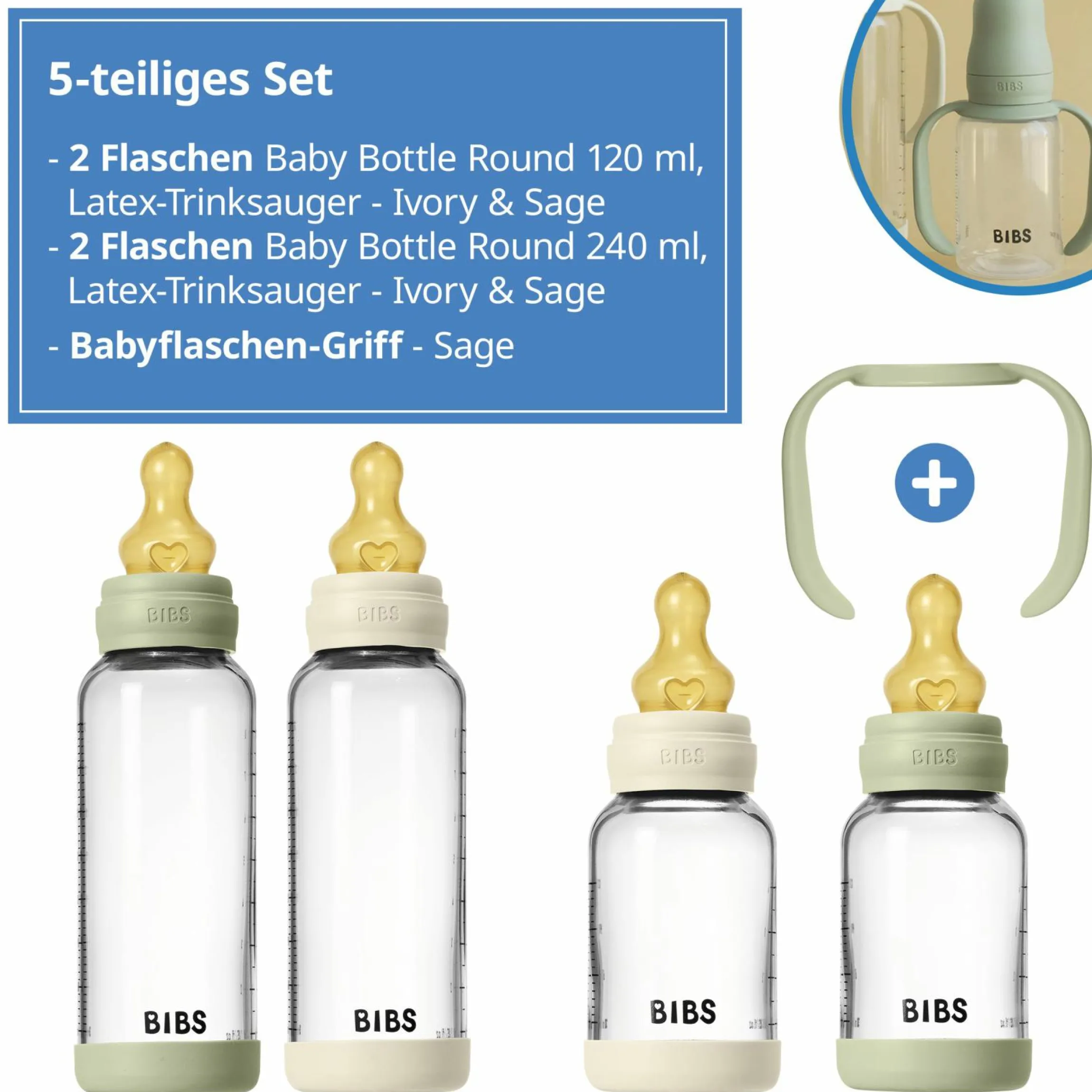 Glas-Flasche 4er Pack mit Griff Baby Bottle Round 120 ml & 240 ml + Latex-Trinksauger + Baby Bottle Handle - Ivory / Sage