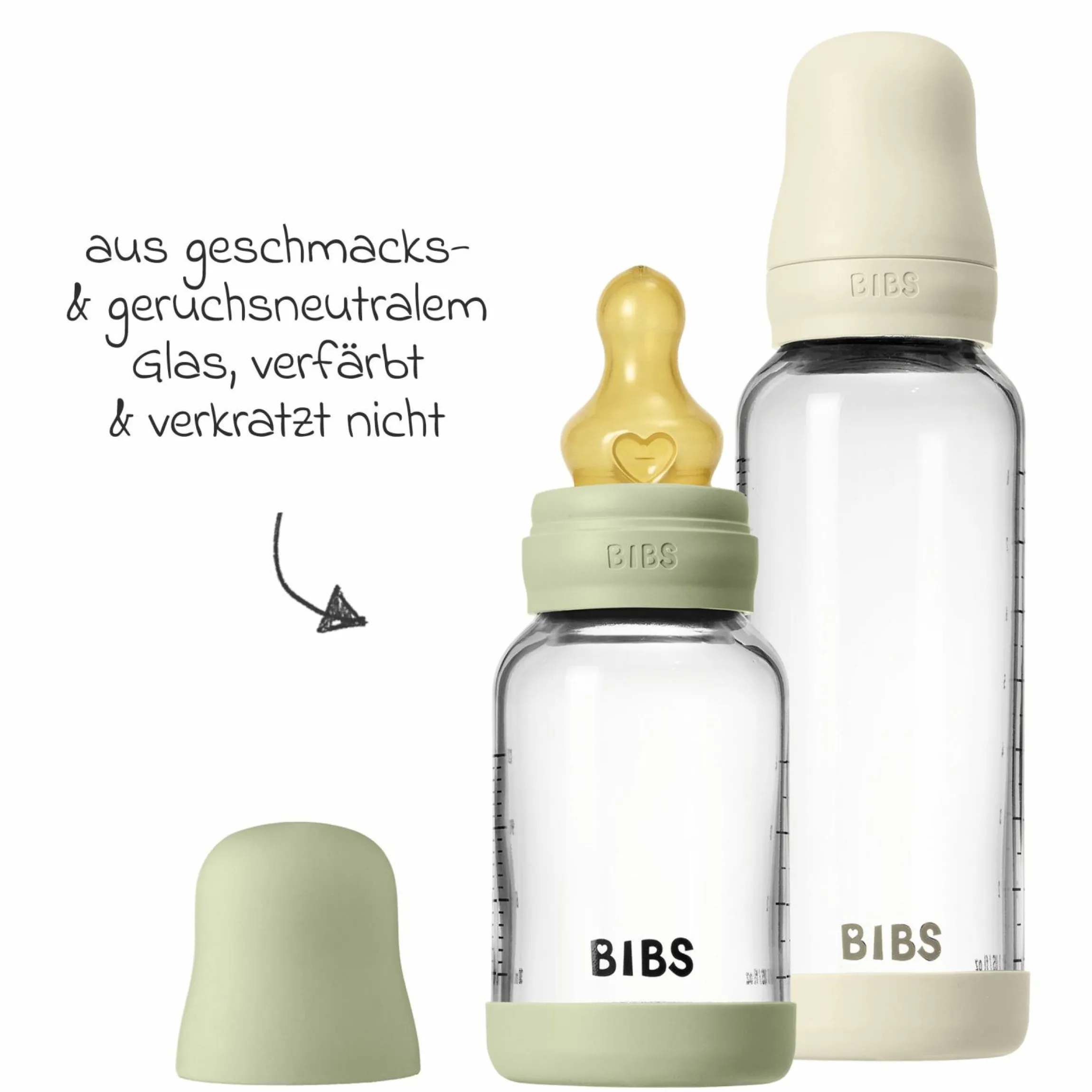 Glas-Flasche 4er Pack mit Griff Baby Bottle Round 120 ml & 240 ml + Latex-Trinksauger + Baby Bottle Handle - Ivory / Sage