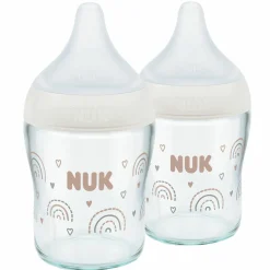 Glas-Flasche 2er Pack Perfect Match 120 ml + Silikon Sauger Gr. S - Regenbogen - Weiß