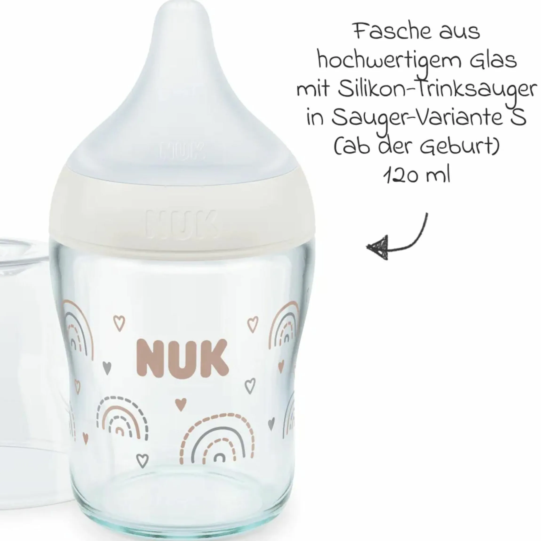 Glas-Flasche 2er Pack Perfect Match 120 ml + Silikon Sauger Gr. S - Regenbogen - Weiß