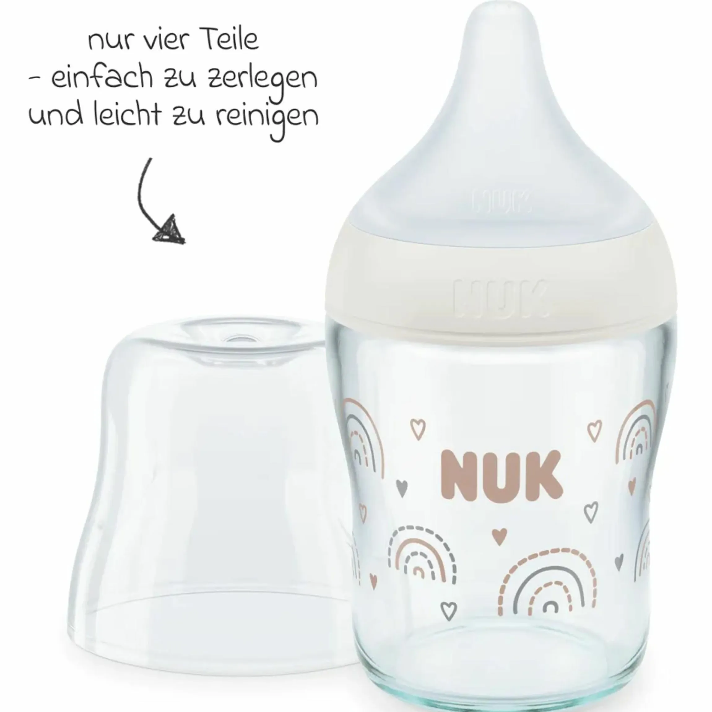 Glas-Flasche 2er Pack Perfect Match 120 ml + Silikon Sauger Gr. S - Regenbogen - Weiß