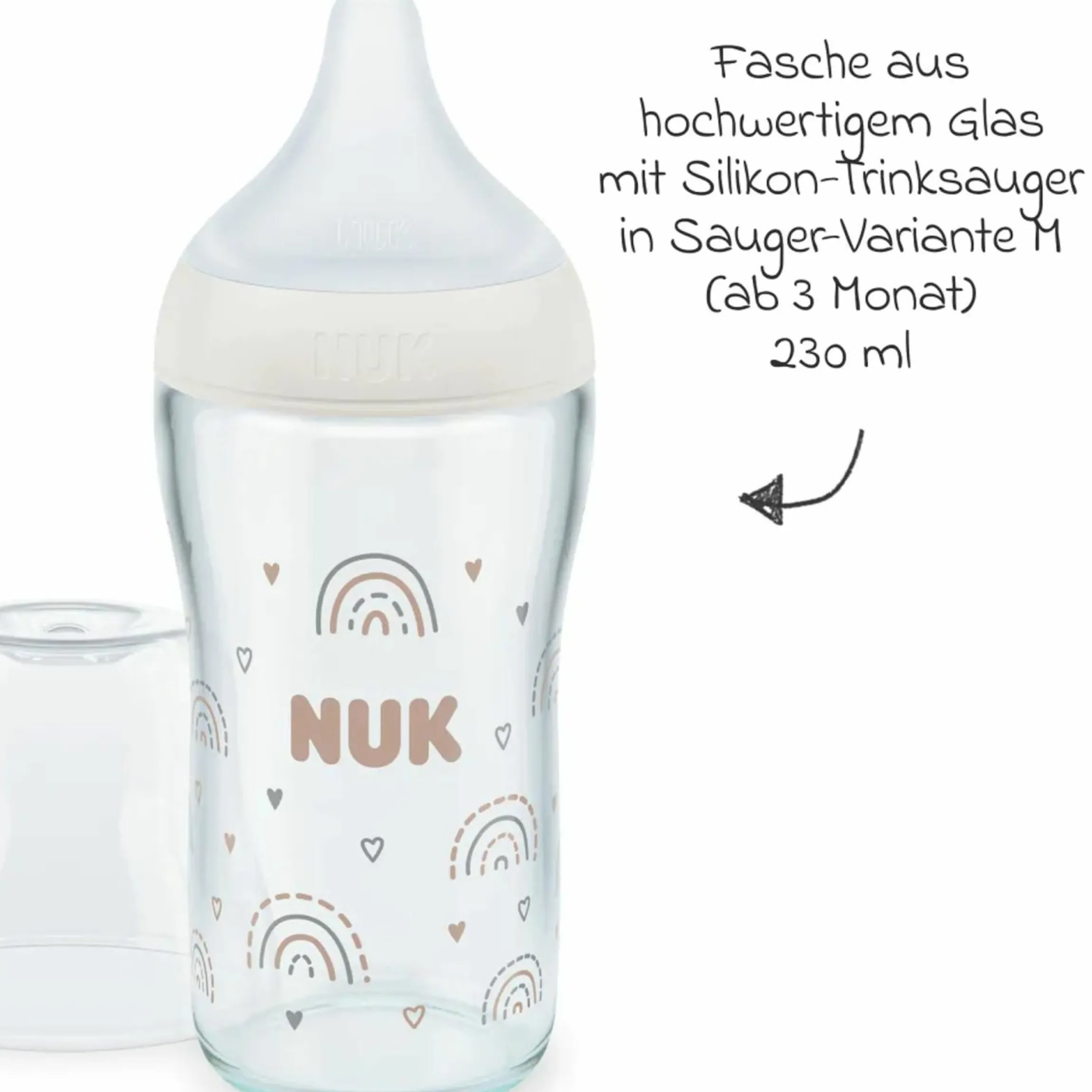 Glas-Flasche 2er Pack Perfect Match 230 ml + Silikon Sauger Gr. M - Regenbogen - Weiß
