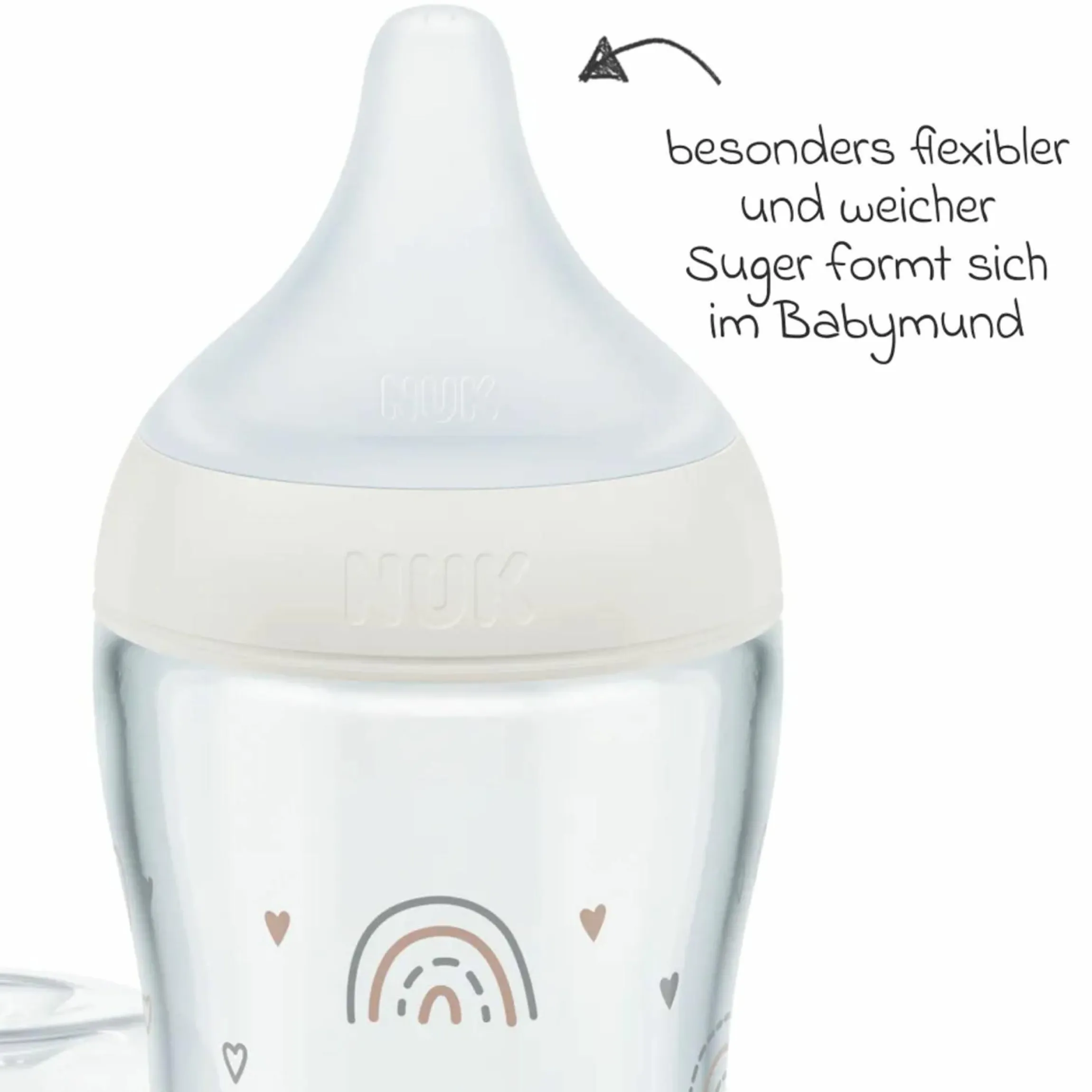 Glas-Flasche 2er Pack Perfect Match 230 ml + Silikon Sauger Gr. M - Regenbogen - Weiß