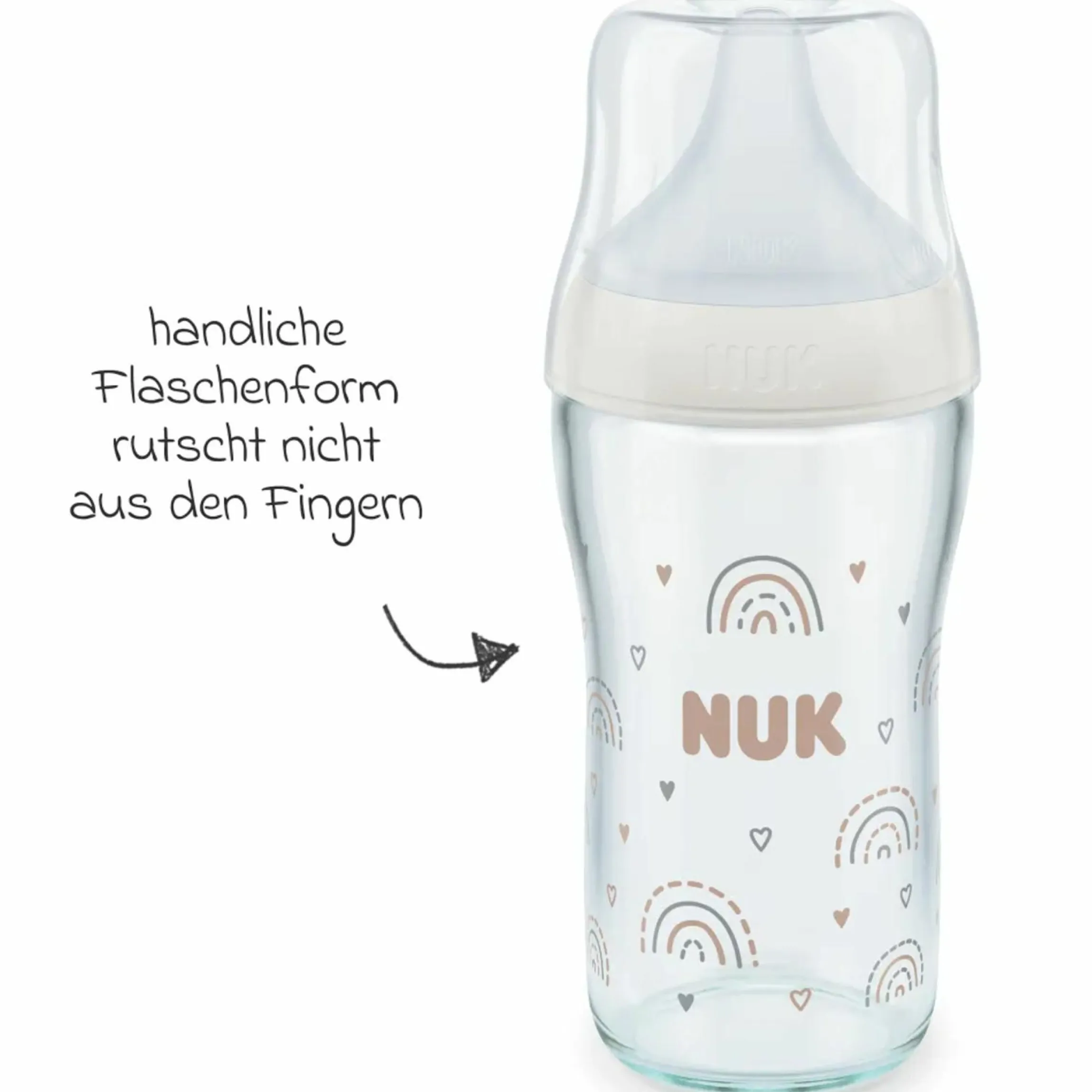 Glas-Flasche 2er Pack Perfect Match 230 ml + Silikon Sauger Gr. M - Regenbogen - Weiß