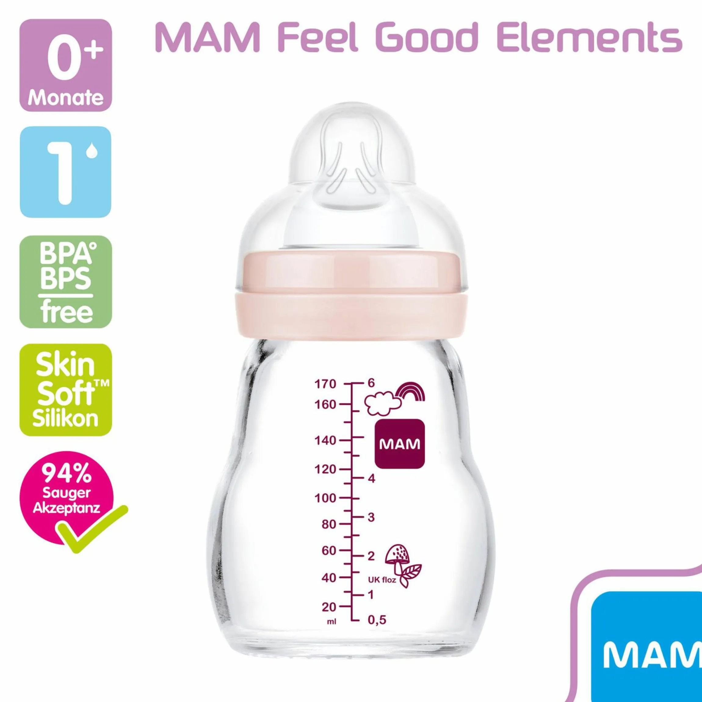 Glas-Flasche Feel Good 170 ml - Silikon Gr. 1 - Vogel & Eichhörnchen