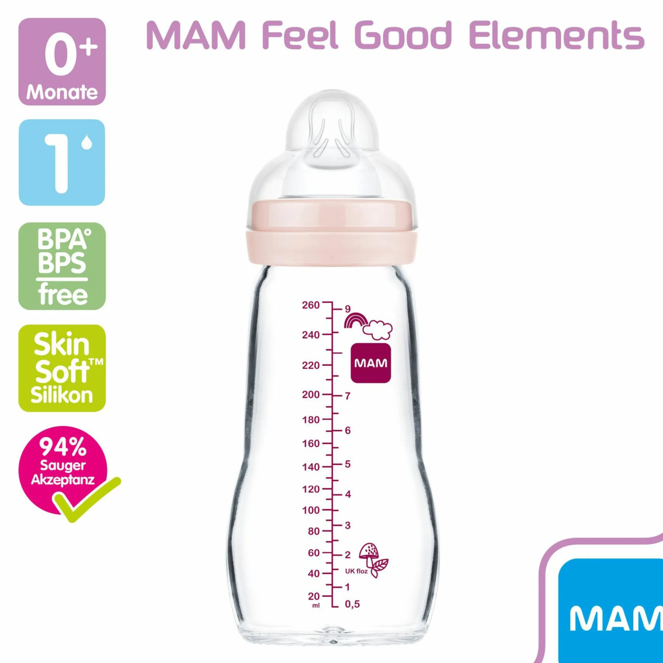 Glas-Flasche Feel Good 260 ml - Silikon Gr. 1 - Vogel & Eichhörnchen