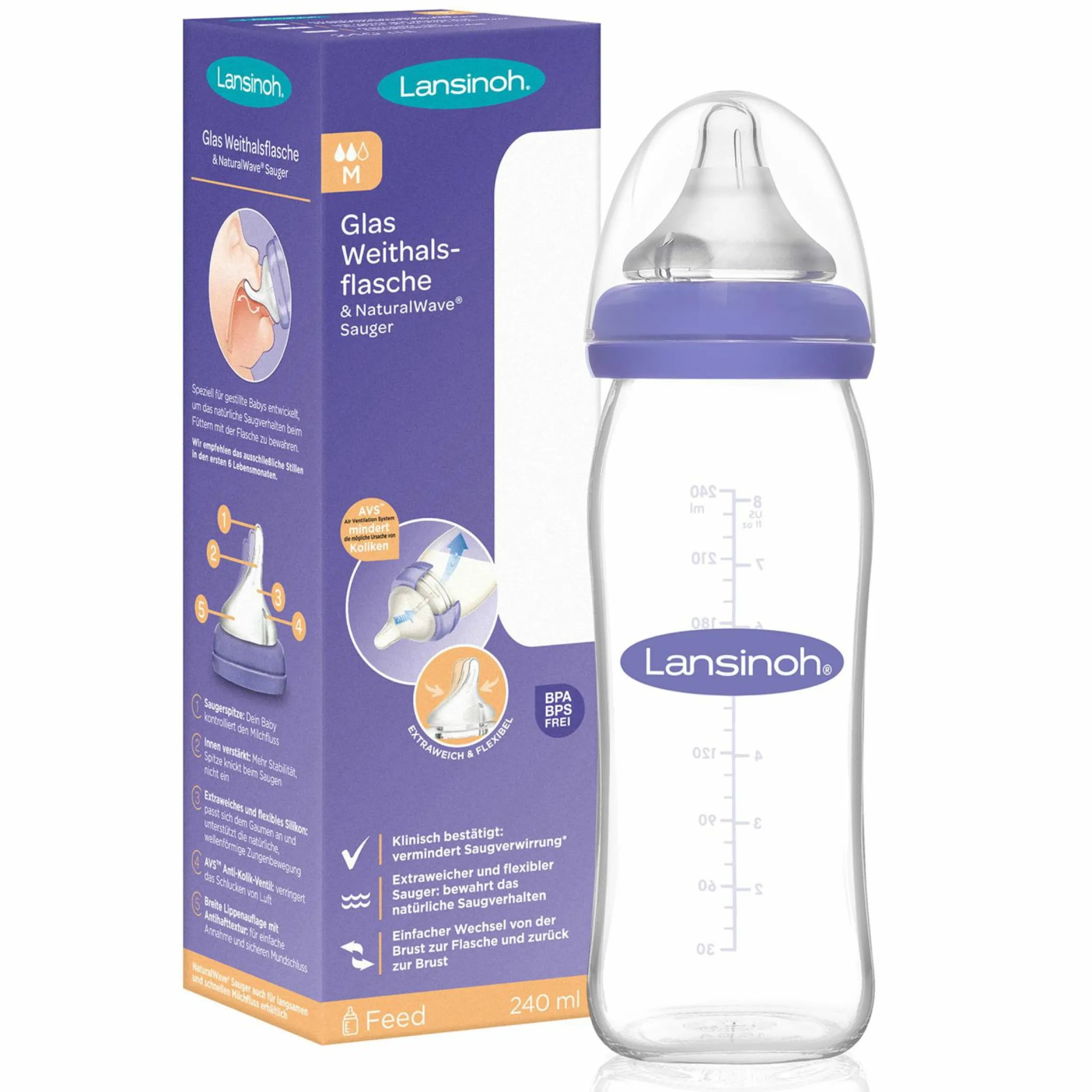 Glas-Flasche 240ml mit NaturalWave® Trinksauger Gr. M