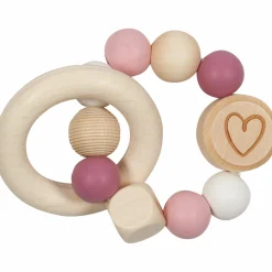 Greifling Elastik mit Holz- & Silikonperlen - Herzchen - Rosa
