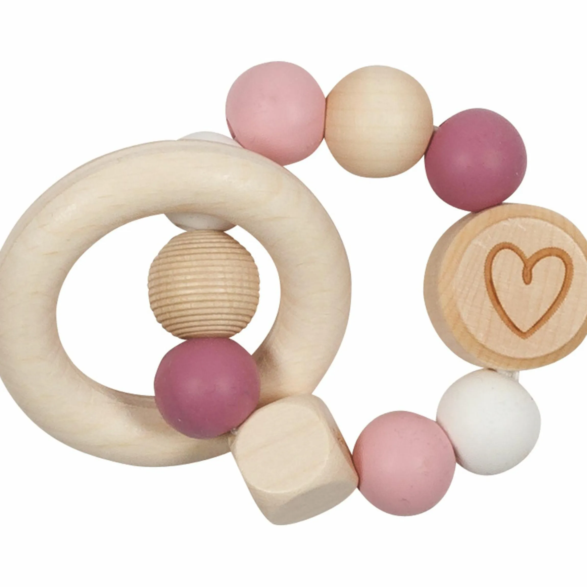 Greifling Elastik mit Holz- & Silikonperlen - Herzchen - Rosa