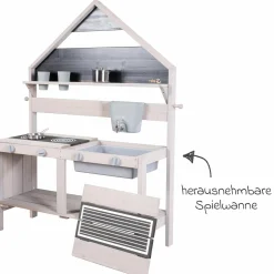 Große Spiel- und Matschküche in Hausoptik mit Spielwanne, 2 Herdplatte, Wasserbehälter mit Wasserhahn, Backofen mit Tür inkl. Zubehör - Grau