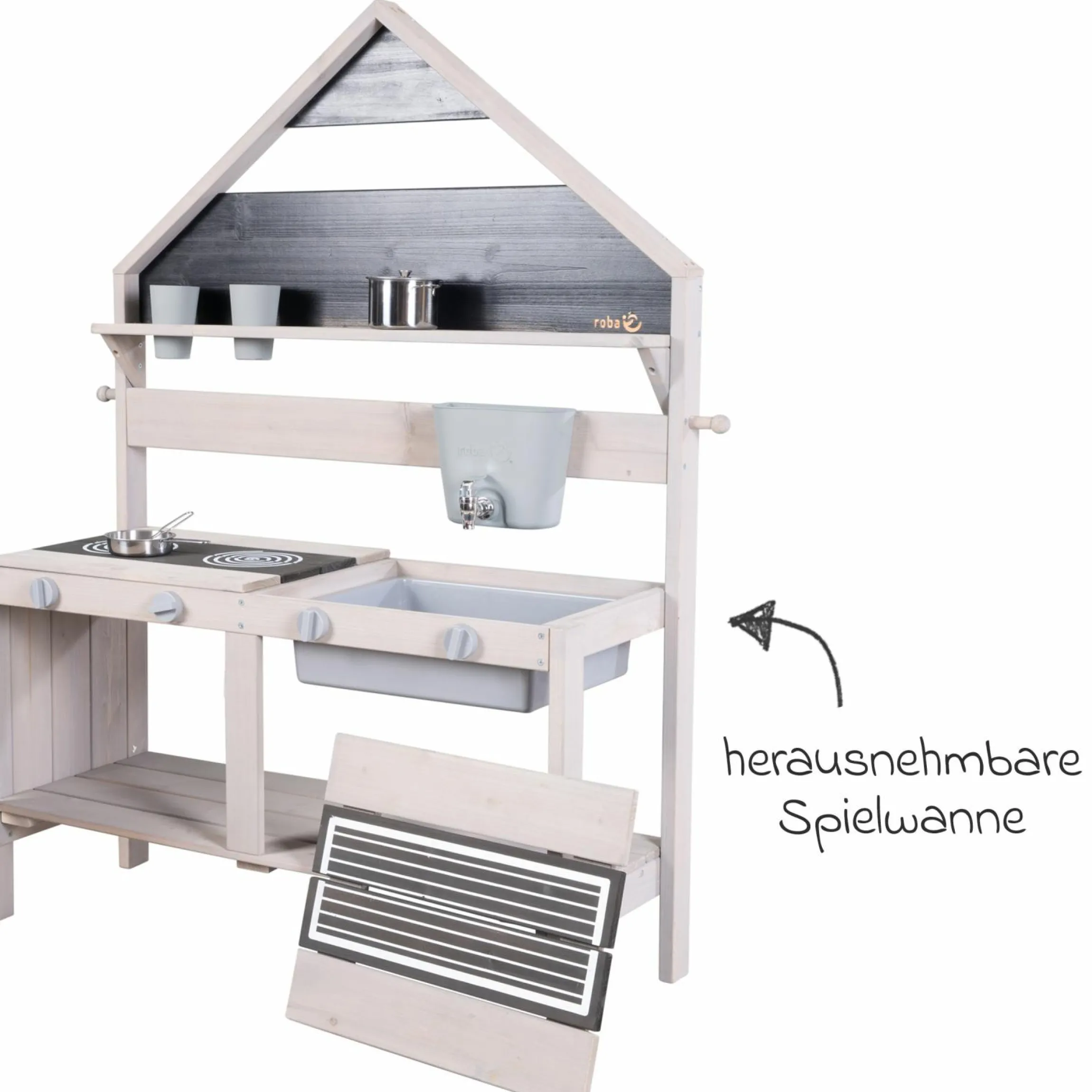Große Spiel- und Matschküche in Hausoptik mit Spielwanne, 2 Herdplatte, Wasserbehälter mit Wasserhahn, Backofen mit Tür inkl. Zubehör - Grau