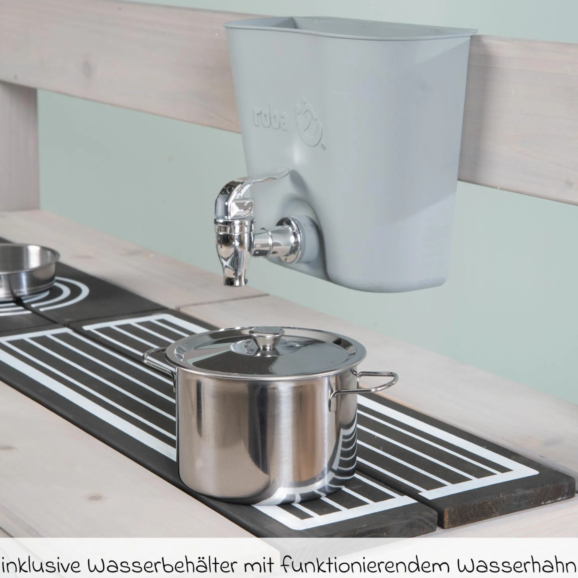 Große Spiel- und Matschküche in Hausoptik mit Spielwanne, 2 Herdplatte, Wasserbehälter mit Wasserhahn, Backofen mit Tür inkl. Zubehör - Grau