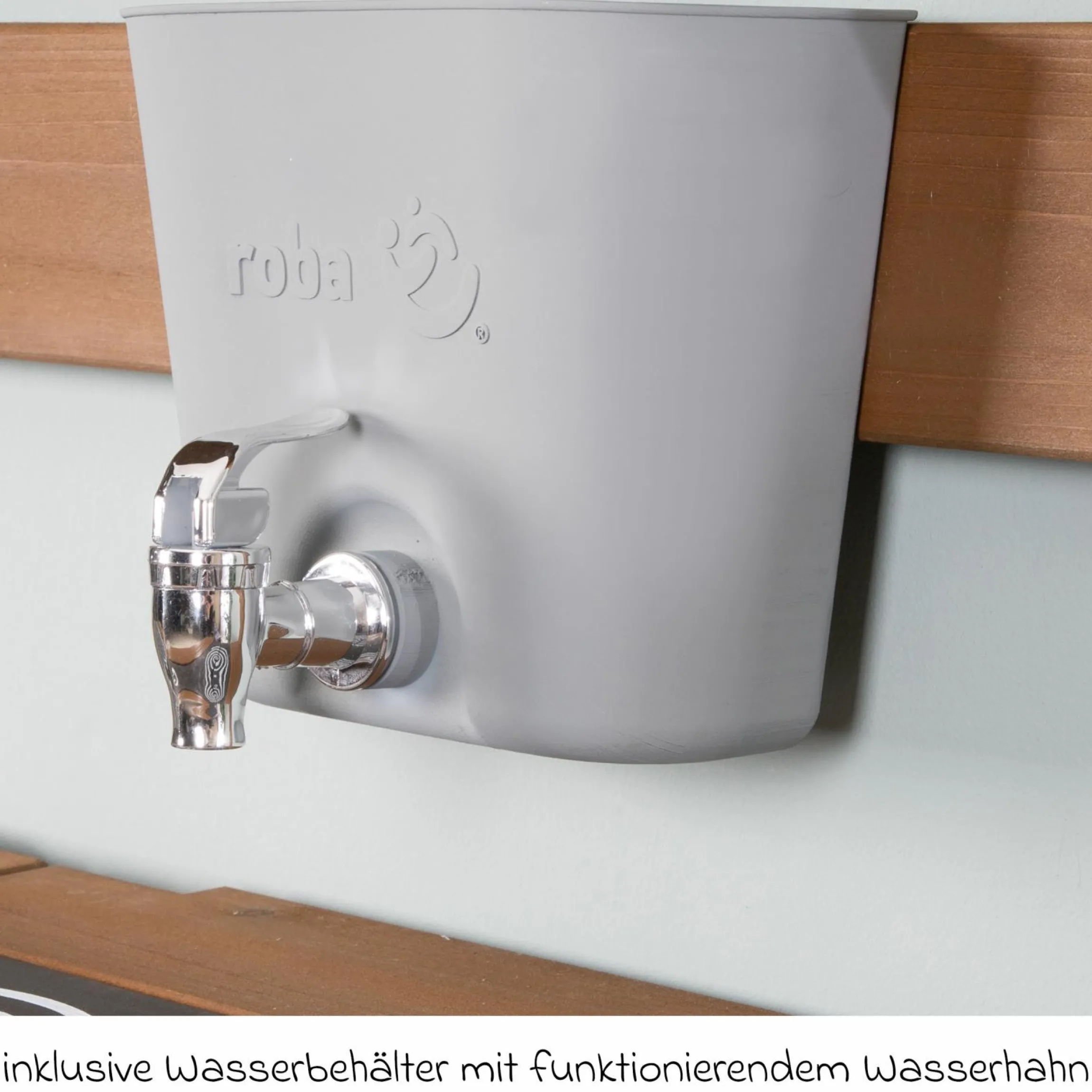 Große Spiel- und Matschküche zum Hängen mit Spielwanne, Herdplatte, Wasserbehälter mit Wasserhahn - Teakholzfarben