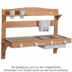 Große Spiel- und Matschküche zum Hängen mit Spielwanne, Herdplatte, Wasserbehälter mit Wasserhahn - Teakholzfarben