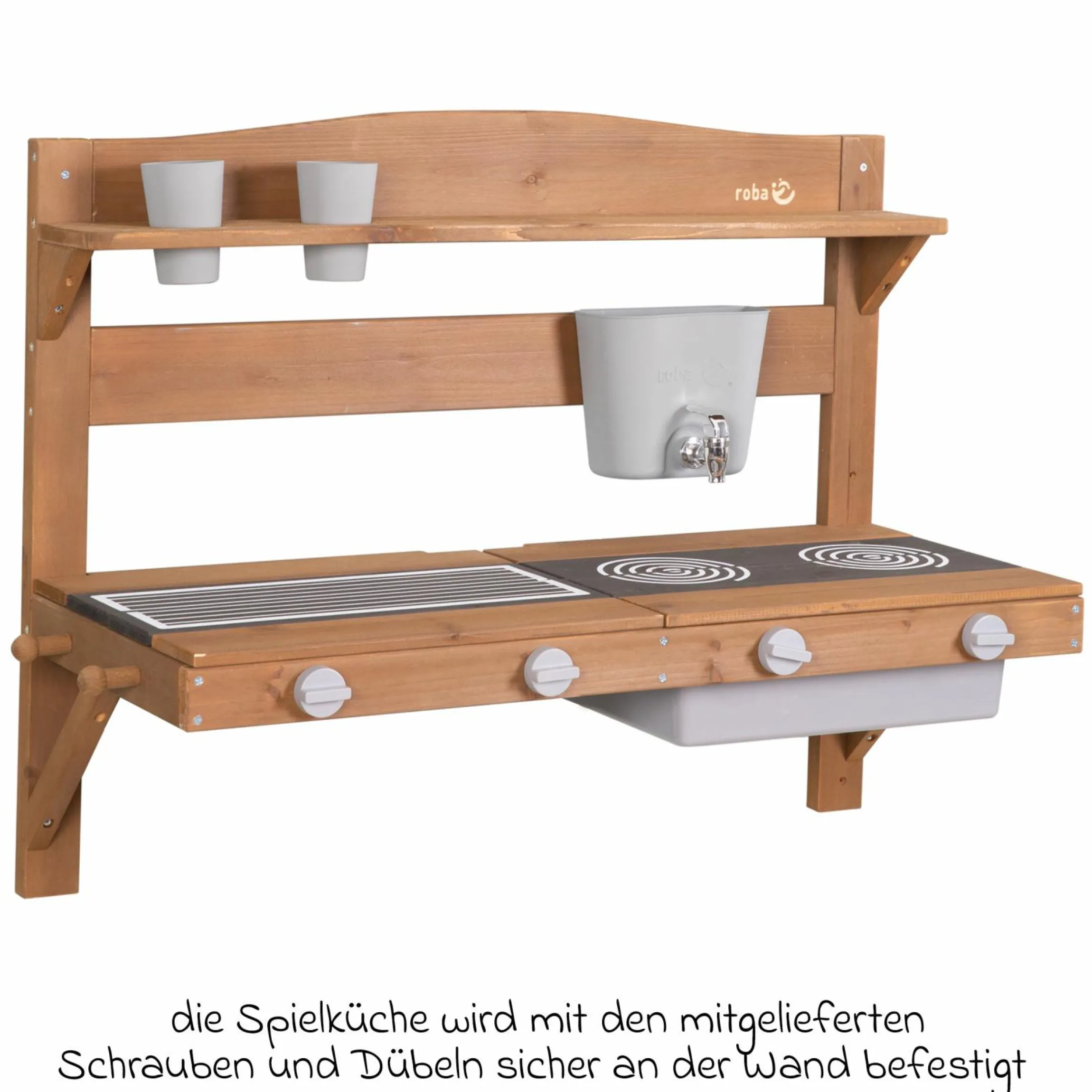 Große Spiel- und Matschküche zum Hängen mit Spielwanne, Herdplatte, Wasserbehälter mit Wasserhahn - Teakholzfarben