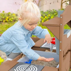 Große Spiel- und Matschküche zum Hängen mit Spielwanne, Herdplatte, Wasserbehälter mit Wasserhahn - Teakholzfarben