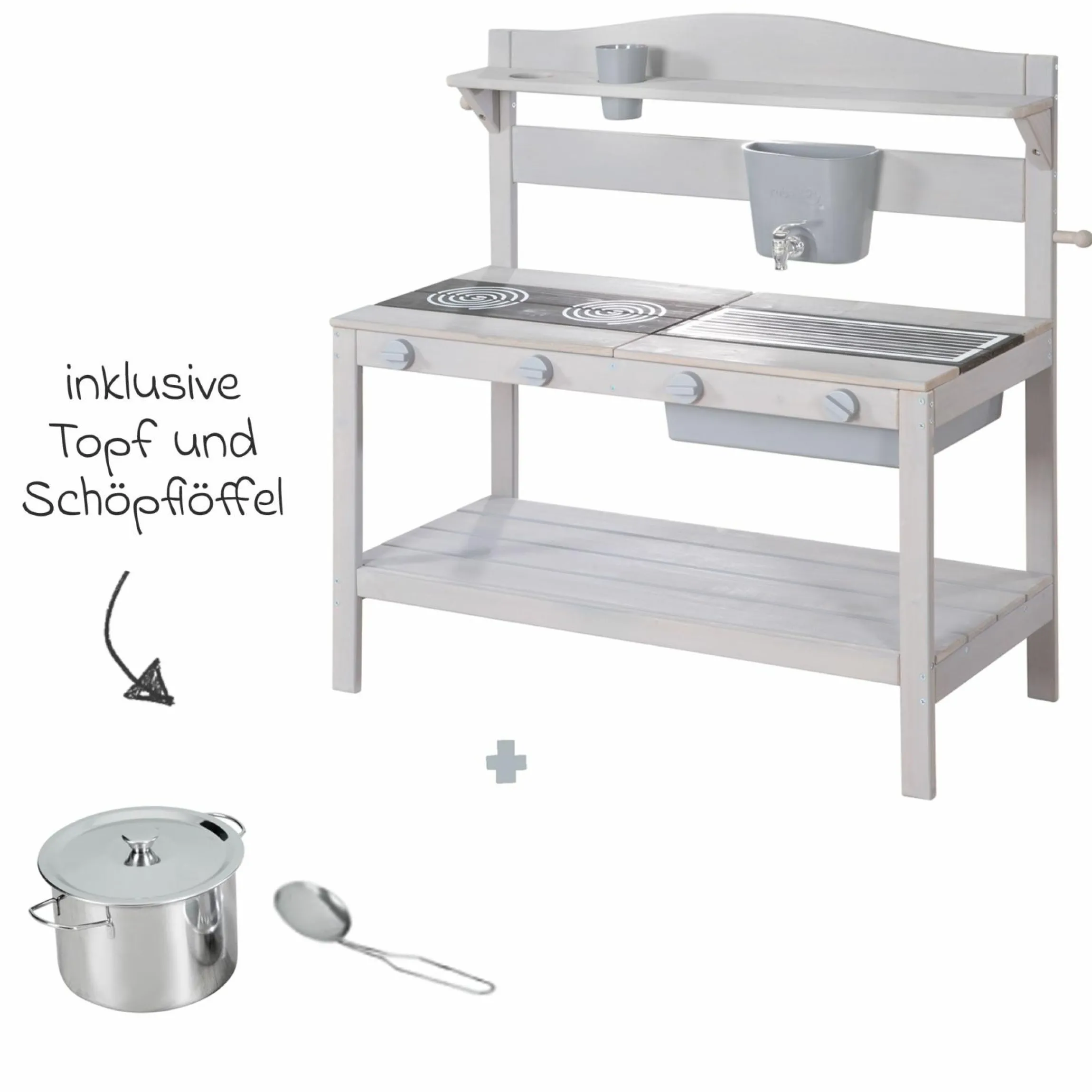 Große Spielküche mit Spielwanne, 2 Herdplatten, Wasserbehälter mit Wasserhahn inkl. Zubehör - Grau