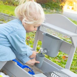 Große Spielküche mit Spielwanne, 2 Herdplatten, Wasserbehälter mit Wasserhahn inkl. Zubehör - Grau