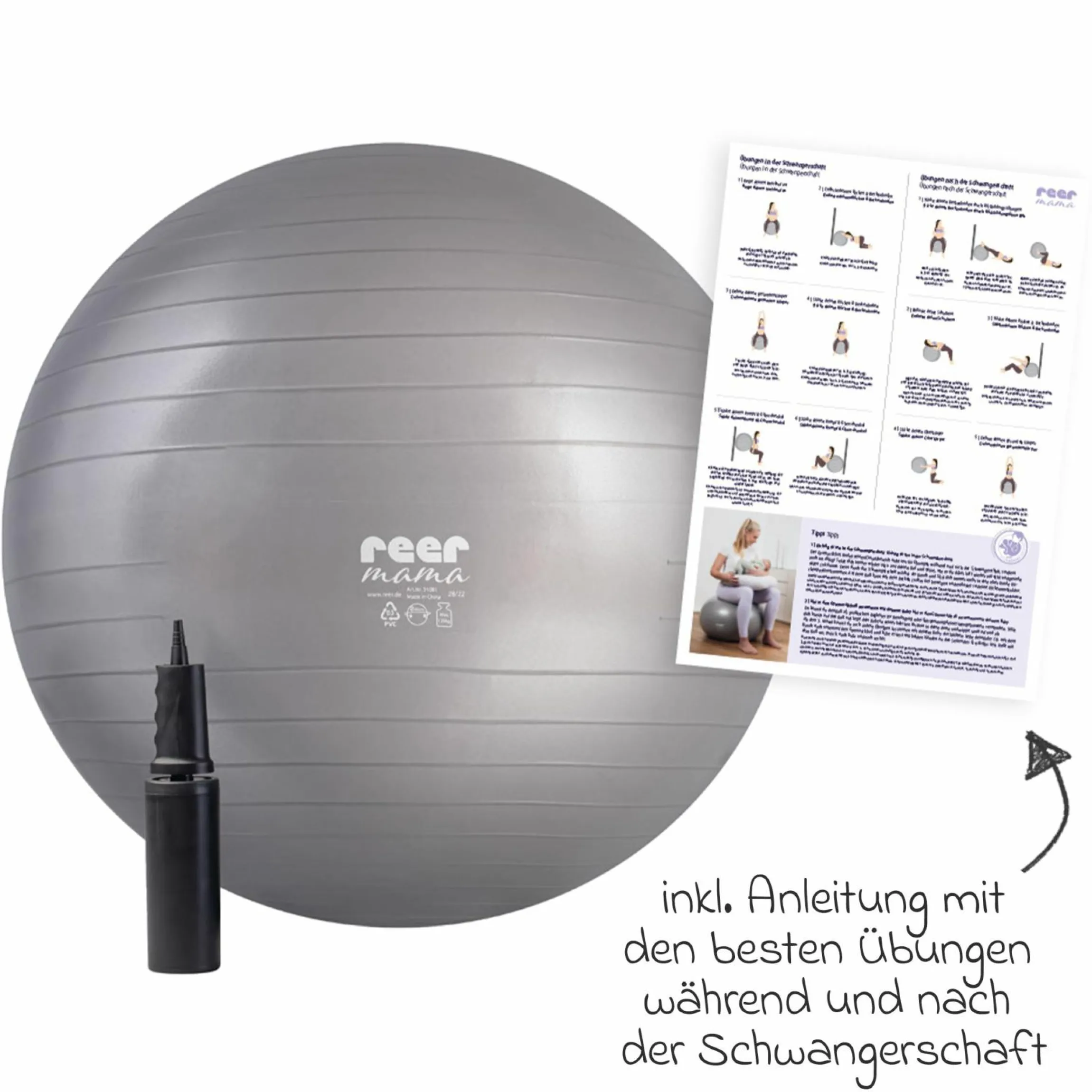 Gymnastikball Mama belastbar bis 120 kg inkl. Luftpumpe - Grau - Kollektion 2024