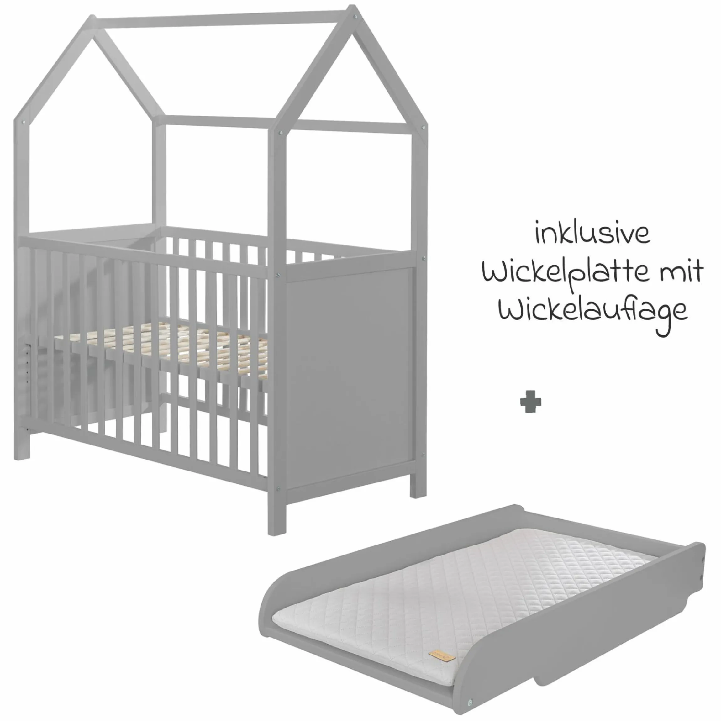 Hausbett inkl. Wickelplatte mit Wickelauflage, 6-fach höhenverstellbarem Lattenrost & 5 Schlupfsprossen 60 x 120 cm - Taupe