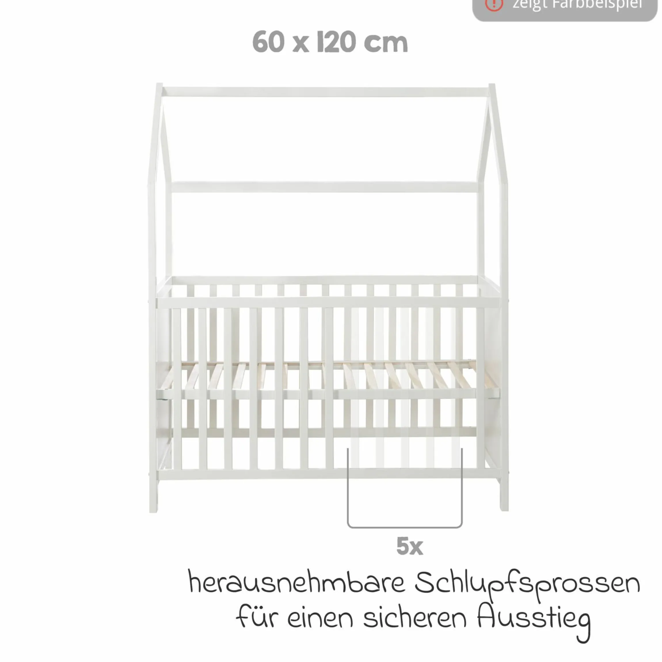 Hausbett inkl. Wickelplatte mit Wickelauflage, 6-fach höhenverstellbarem Lattenrost & 5 Schlupfsprossen 60 x 120 cm - Taupe