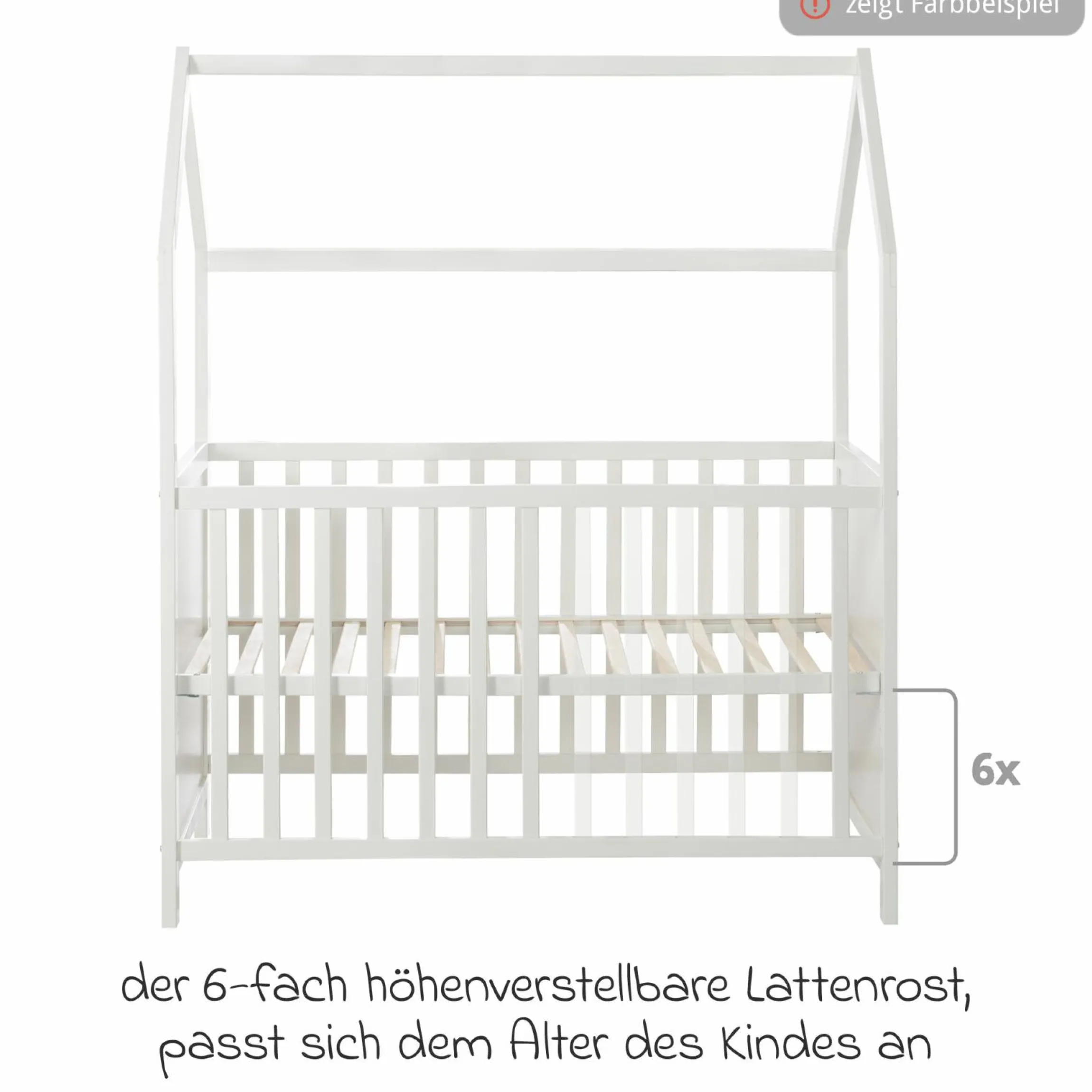 Hausbett inkl. Wickelplatte mit Wickelauflage, 6-fach höhenverstellbarem Lattenrost & 5 Schlupfsprossen 60 x 120 cm - Taupe