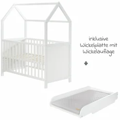 Hausbett inkl. Wickelplatte mit Wickelauflage, 6-fach höhenverstellbarem Lattenrost & 5 Schlupfsprossen 60 x 120 cm - Weiß