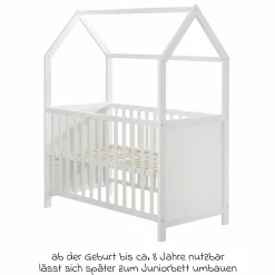 Hausbett inkl. Wickelplatte mit Wickelauflage, 6-fach höhenverstellbarem Lattenrost & 5 Schlupfsprossen 60 x 120 cm - Weiß