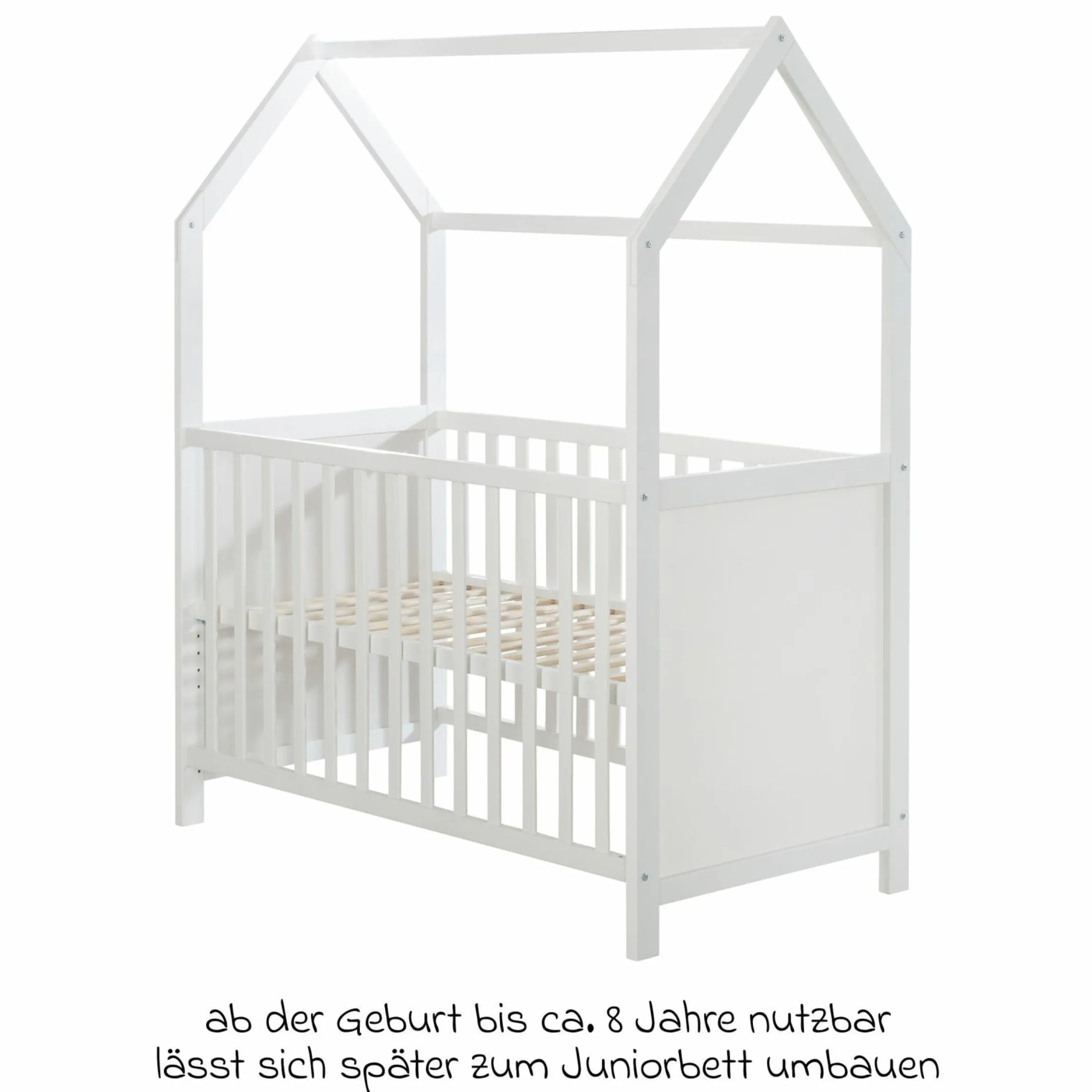 Hausbett inkl. Wickelplatte mit Wickelauflage, 6-fach höhenverstellbarem Lattenrost & 5 Schlupfsprossen 60 x 120 cm - Weiß